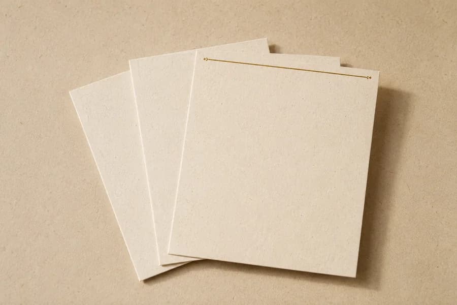 Three blank cards fanned out in a shallow arc, each with a brass rule across the top edge