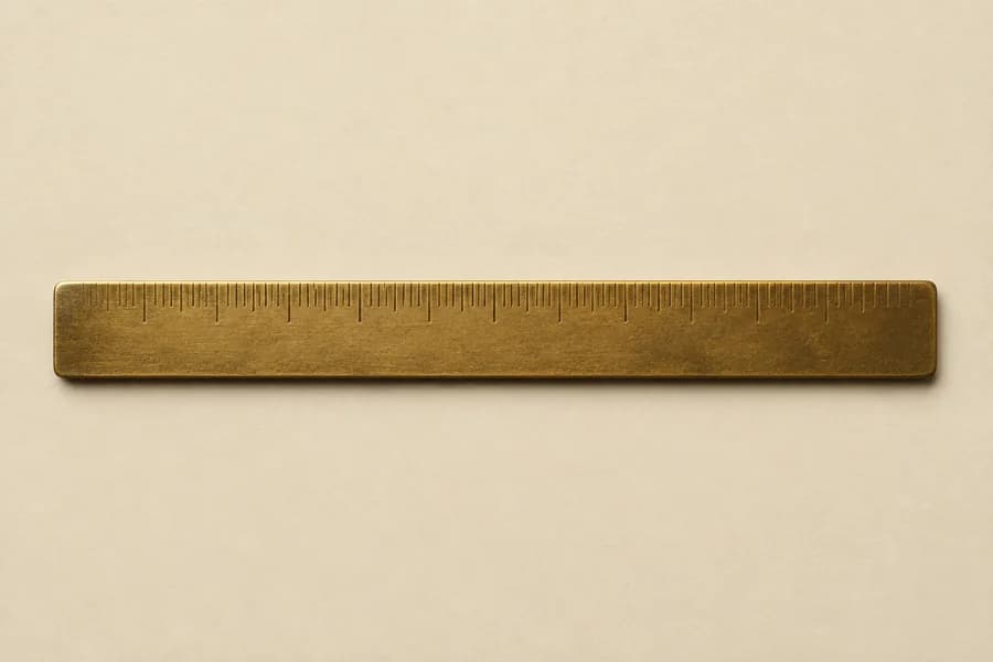 A brass measuring rule with engraved tick marks and no numerals