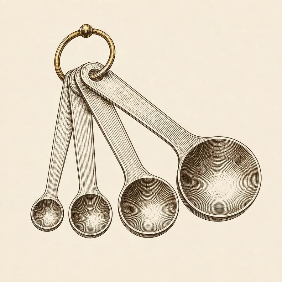 Line engraving of a fanned set of graduated measuring spoons